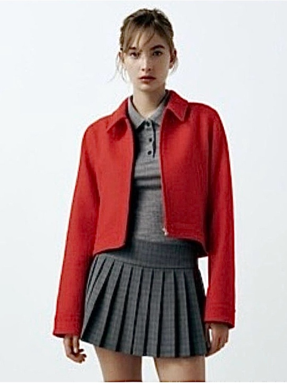 ZARA Textured Wool Blend Crop Zipped Up Jacket In Hot Red Size XXL